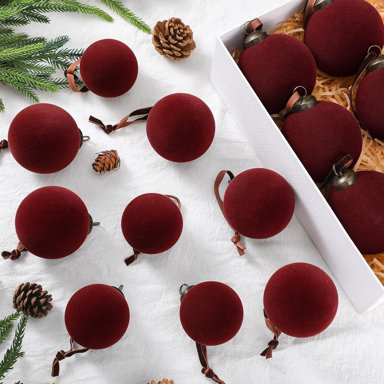Foilswirl 18 Pcs Burgundy Velvet Balls for Christmas Tree Flocked Ornaments | Amazon (US)