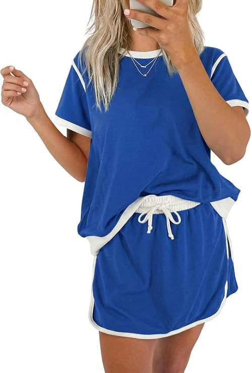 Marvmys Women's Skort Sets 2 Piece Outfits Color Block Short Sleeve T-shirt Skorts Matching Loung... | Amazon (US)