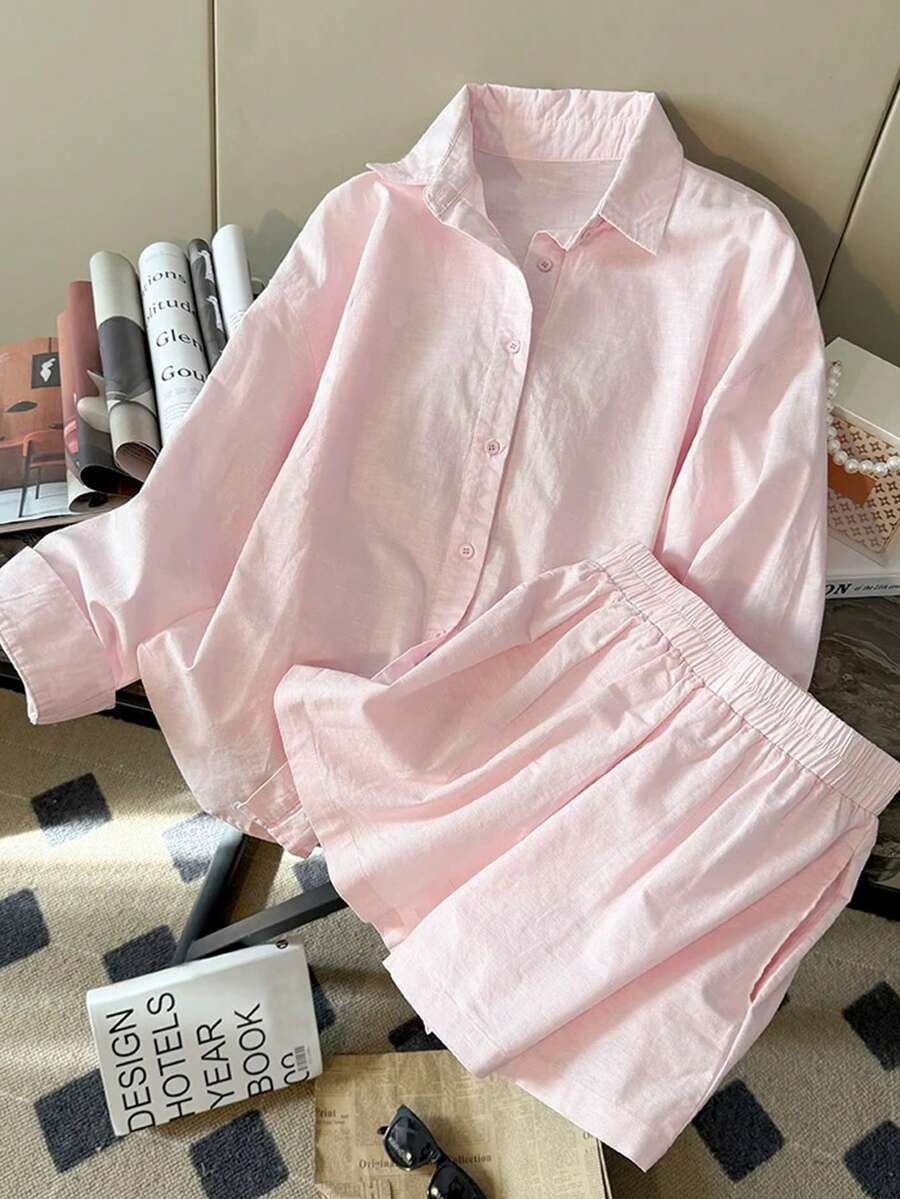 INAWLY 2pcs Set Women Casual Simple Fashion Linen Loose Long Sleeve Top & Shorts Suit Fall Cloth ... | SHEIN