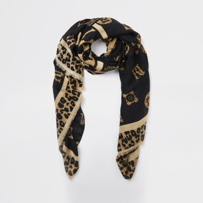 Brown leopard print monogram scarf | River Island (UK & IE)