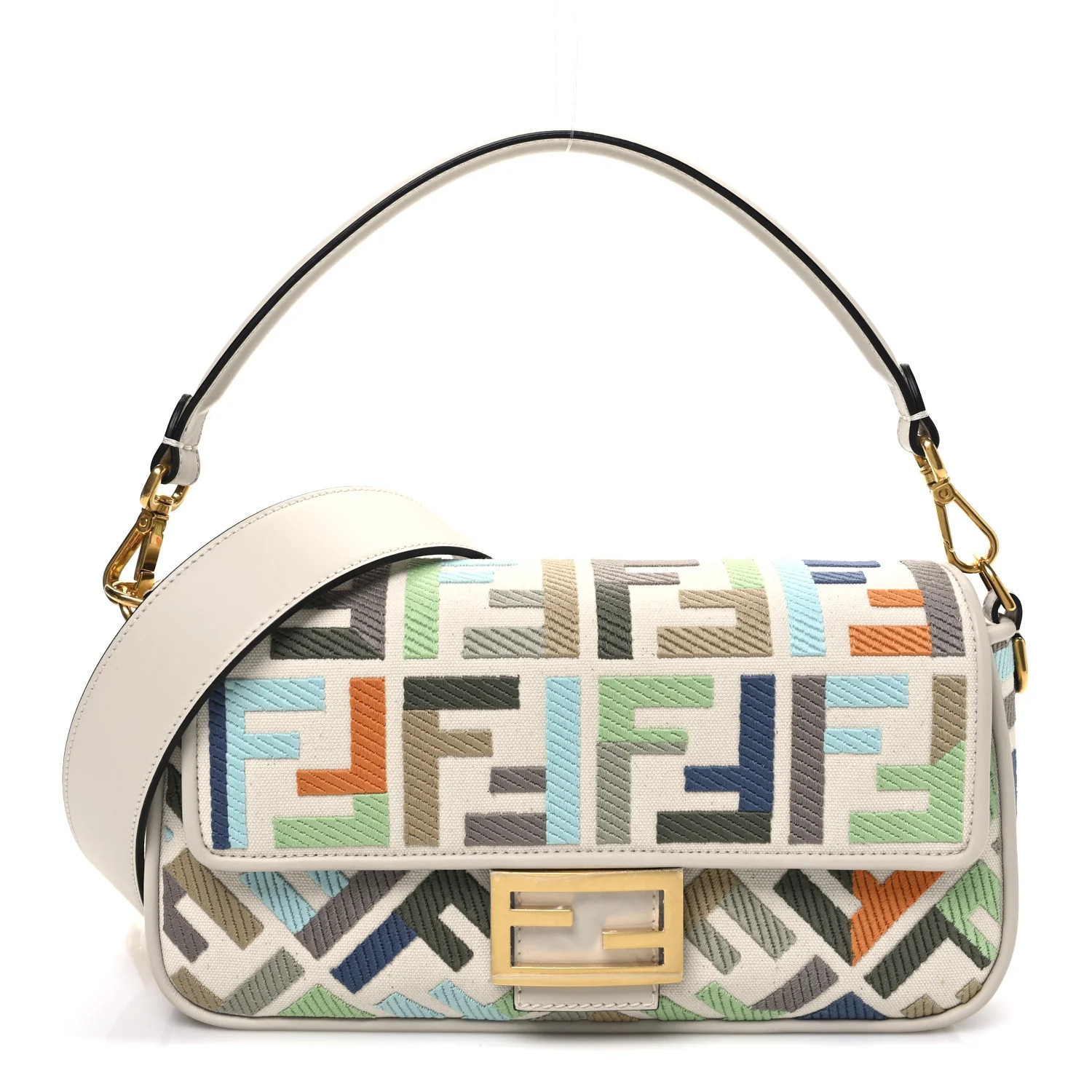 Canvas Vitello Seta FF Multicolor Embroidered Baguette Grezzo Multicolor Latte | FASHIONPHILE (US)