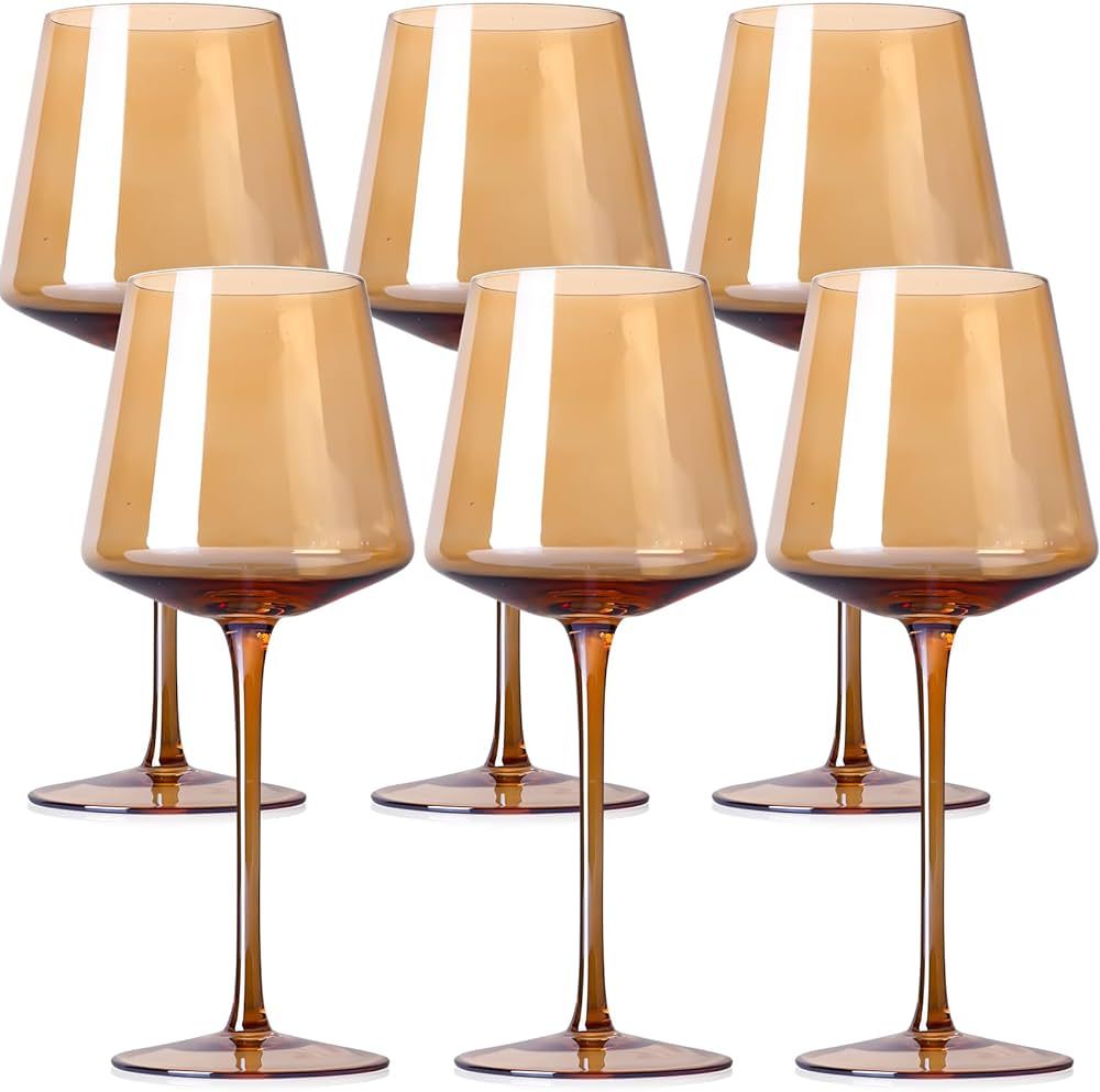 Amber Wine Glasses Set of 6 - Hand-Blown Crystal Wine Glasses Set of 6 with Stems, Unique 16oz Re... | Amazon (US)