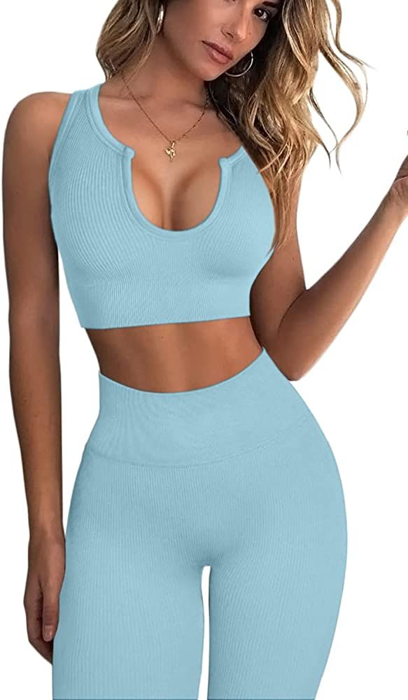 Amazon.com: FAFOFA Workout Outfits for Women 2 Piece Ribbed Seamless Crop Tank High Waist Yoga Le... | Amazon (US)