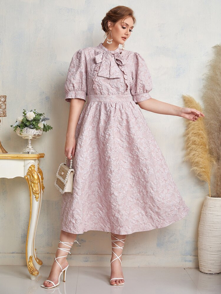 SHEIN Plus Tie Neck Puff Sleeve Ruffle Trim Jacquard Dress | SHEIN