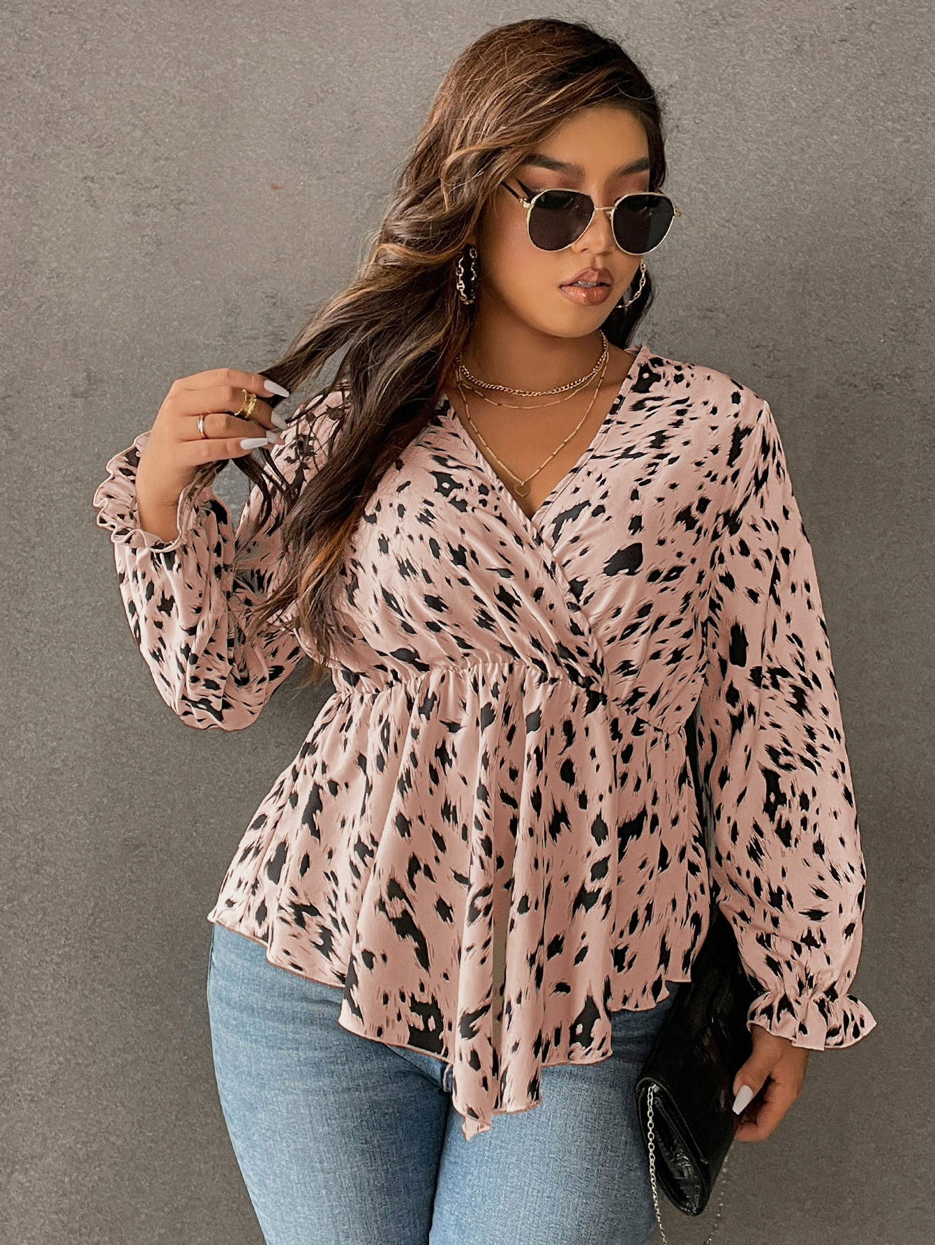 Plus Allover Print Flounce Sleeve Peplum Blouse | SHEIN