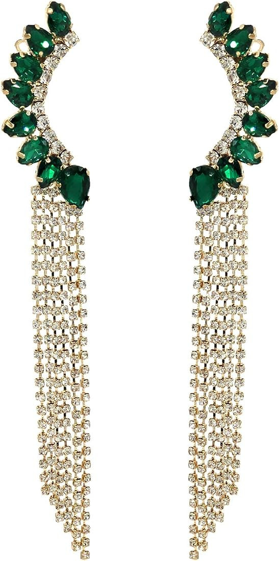 Crystal Leaf Climbers Crawler Jewelry Jacket Earrings Sparkly Zircon Pave Metal Ear Cuff Wrap Clip S | Amazon (US)