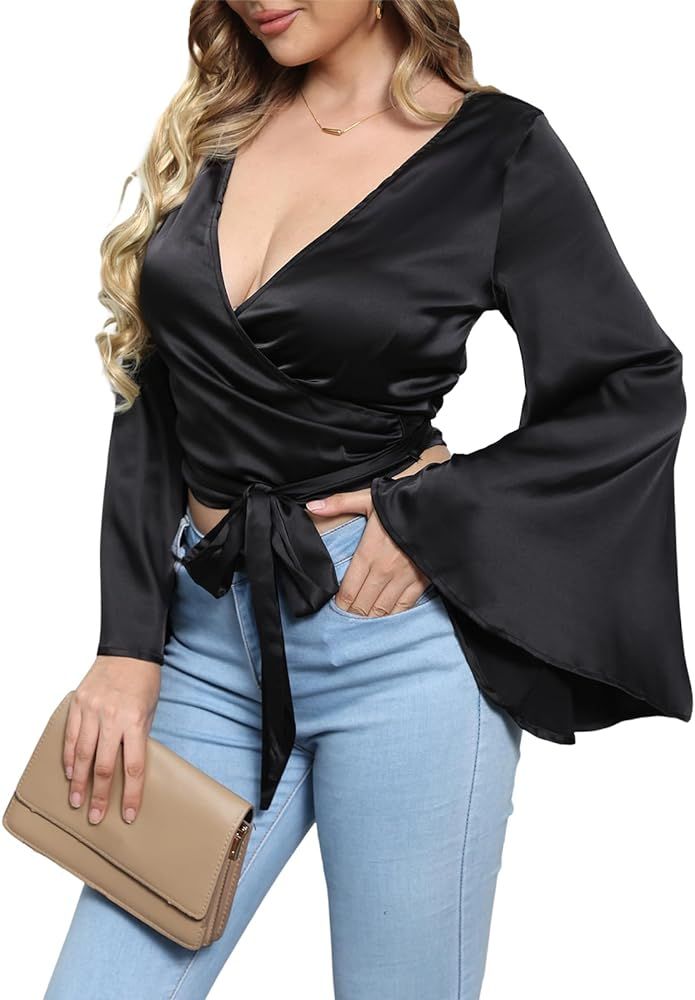 Bell Long Sleeve Stain Tops for Women Sexy Deep V Neck Wrap Flared Bandage Blouse T-Shirt | Amazon (US)