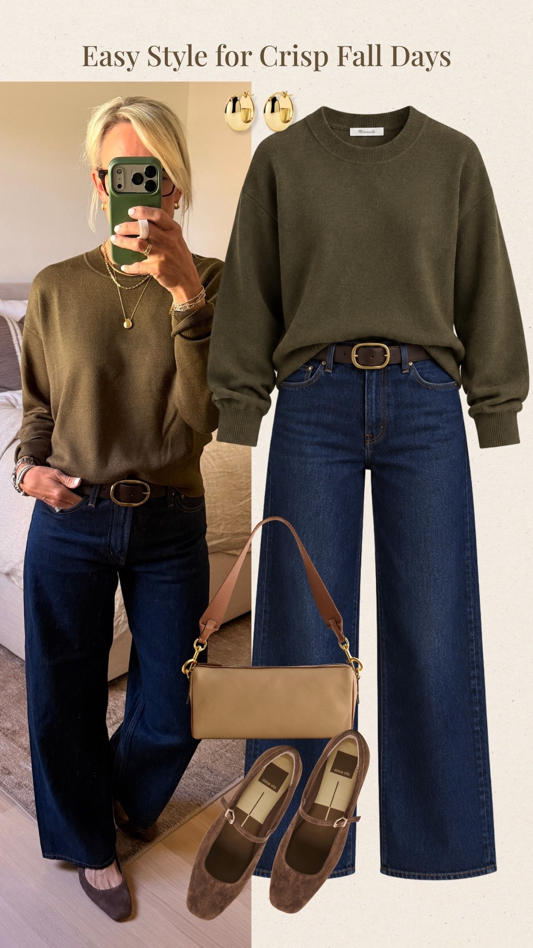 This olive sweater and dark wash denim make such an easy combination for crisp fall days. I love how the rich neutral tones keep the look polished while still feeling relaxed and comfortable. I’ve linked the pieces along with the accessories to complete the look.

#LTKootd #LTKOver40 #LTKSeasonal