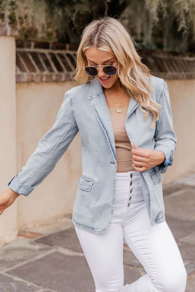 Deep Connection Chambray Light Wash Blazer | The Pink Lily Boutique