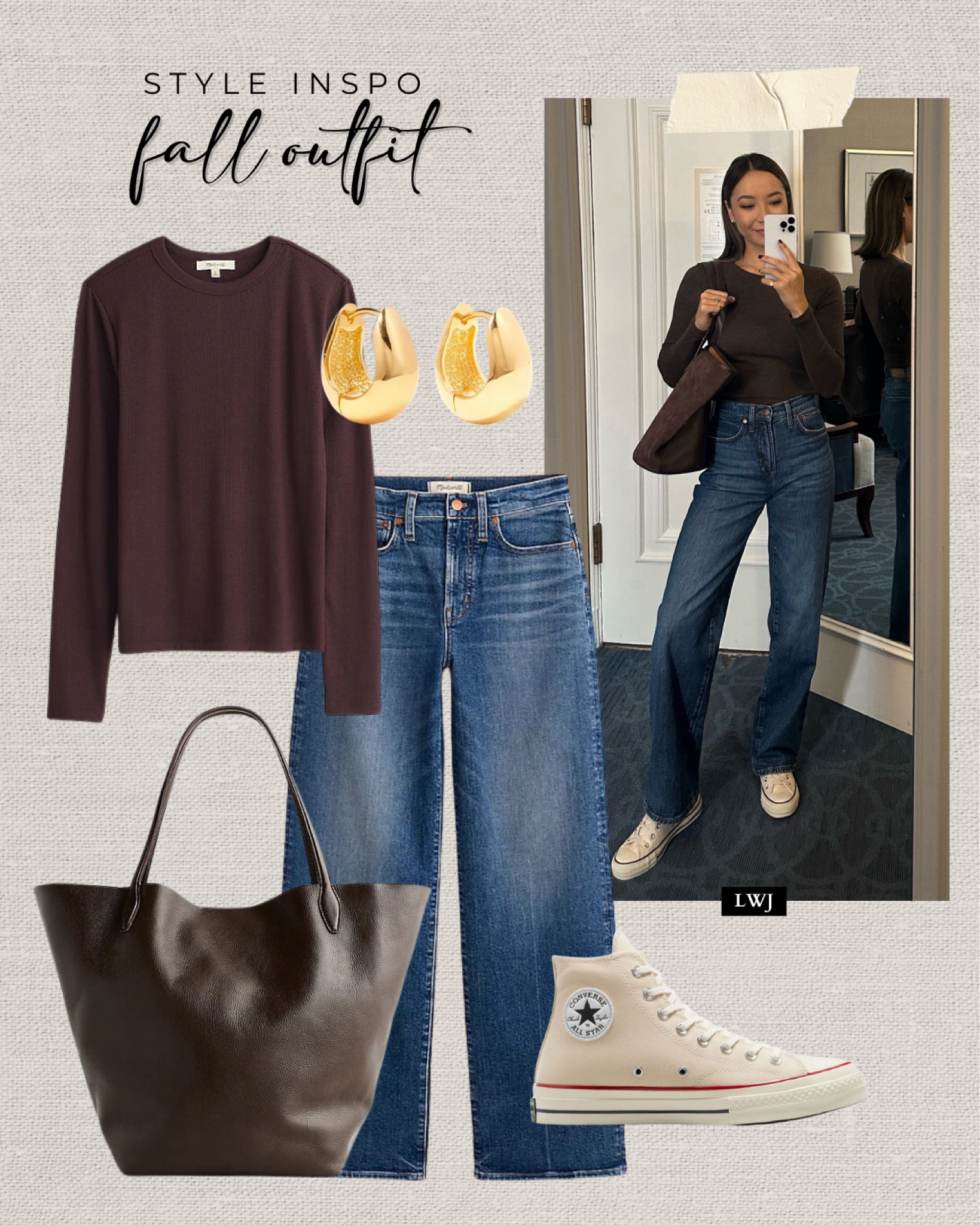 Style inspo: fall outfit 

Brown long sleeve / wide leg jeans / gold jewelry earrings / leather tote bag / high top converse sneakers / casual style / travel style / Boston 

#LTKSeasonal #LTKStyleTip