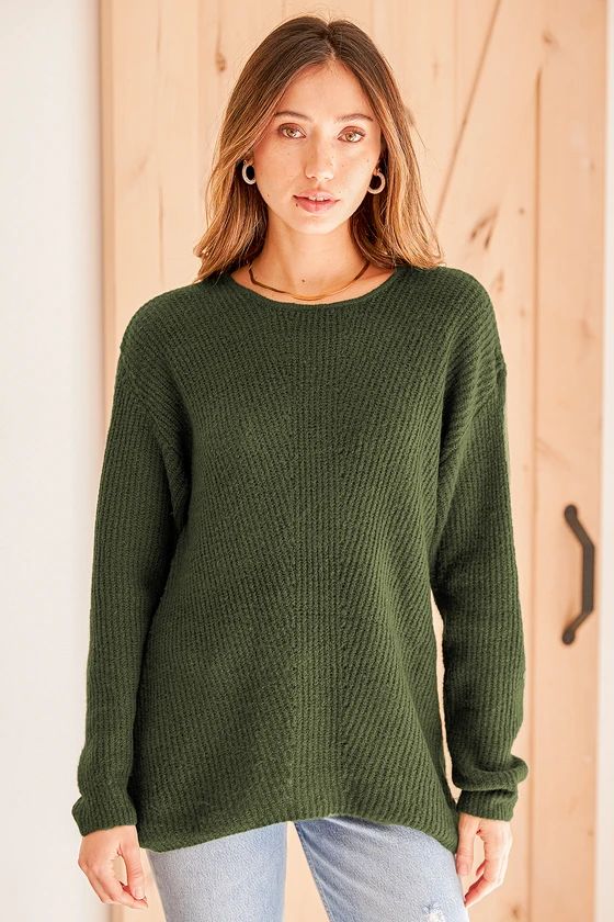 Catching On Olive Green Pointelle Knit Tunic Sweater | Lulus (US)