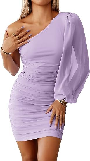 ANRABESS Women's One Shoulder Ruched Bodycon Mini Dress Puff Long Sleeve Sexy Cocktail Party Shor... | Amazon (US)