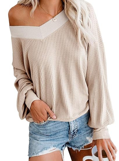 Adreamly Women's V Neck Long Sleeve Waffle Knit Top Off Shoulder Pullover Sweater | Amazon (US)