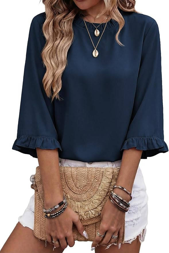 EVALESS Womens Half Sleeve Tops Cute Chiffon Blouses Summer Lightweight Ruffle Sleeeve Shirts Loo... | Amazon (US)