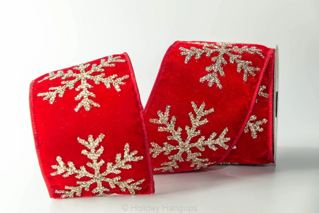 Red Velvet With Glittered Snowflake WIRED Ribbon, 4 Inches by 5 Yds, Luxurious Designer Ribbon by... | Etsy (US)