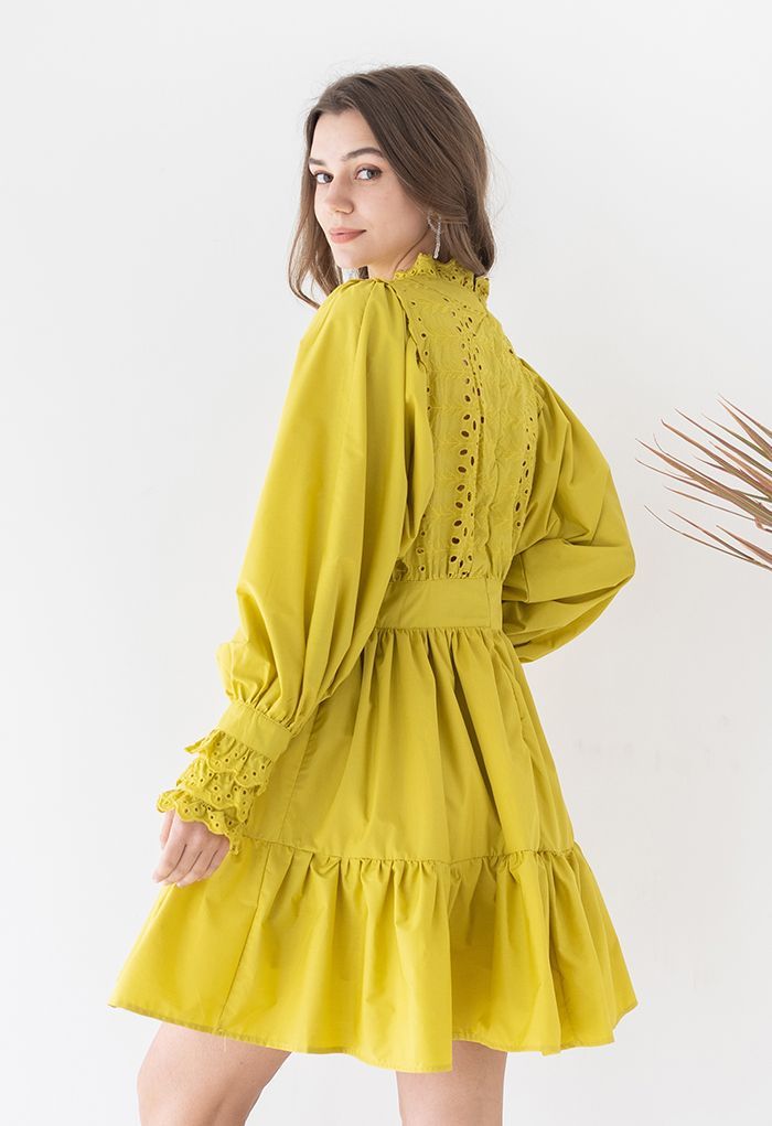 Embroidered Floral Eyelet Frilling Dress in Mustard | Chicwish