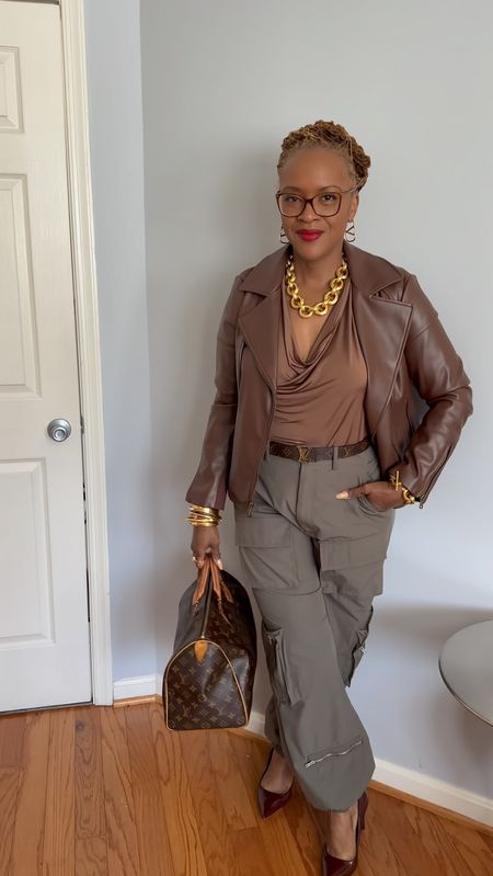Brown and Olive for spring 

Brown halter top
Brown faux leather motorcycle jacket 
Brown pumps 
Olive green cargo pants 
Julie Vos Gold accessories jewelry 

#LTKworkwear #LTKstyletip #LTKover40