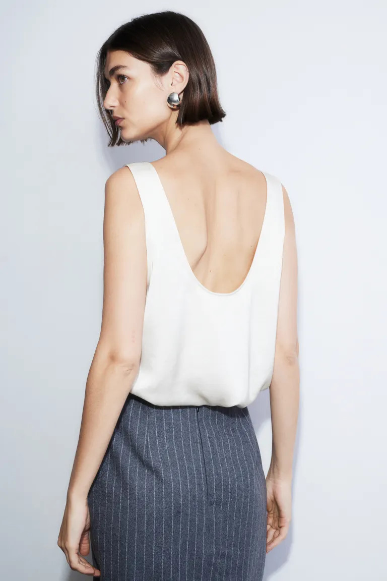 Satin Tank Top - Low-cut Neckline - Sleeveless - White - Ladies | H&M US | H&M (US + CA)