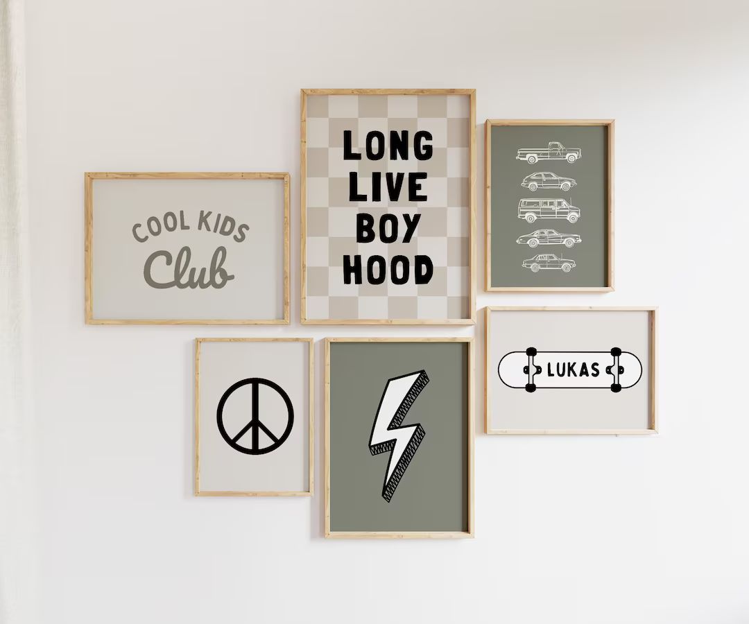 Personalized Long Live Boyhood Lightning Gallery Wall Set of 6 Downloadable Prints, Khaki Boy Nur... | Etsy (US)