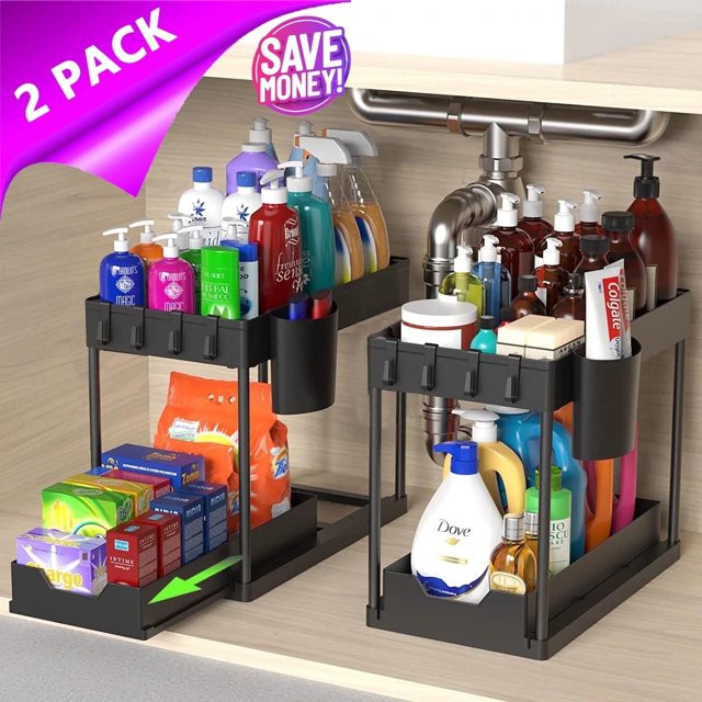 PHANCIR 2-Pack Under Sink Organizer, 2 Tier Sliding Under Sink Storage, For Bathroom & Kitchen | Walmart (US)