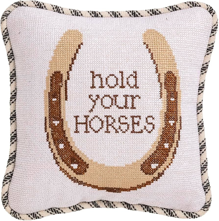 Mud Pie Beige Hold Your Horses Horseshoe Western Needlepoint Small Pillow | Amazon (US)
