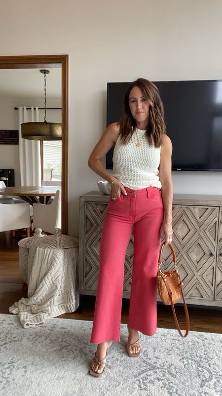 Top outfit. These wide leg red jeans are so pretty. 
Go down one size as they have good stretch. 
XS sweater tank 
Jewelry - use discount code: twopeasinablog 
Spring style idea  

#LTKover40 #LTKstyletip #LTKSeasonal