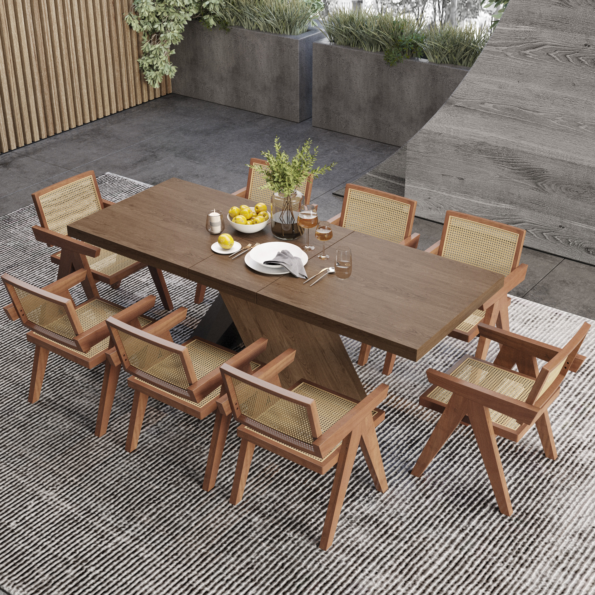 Dining Table Set 61"-79" Rectangle Extendable Dining Table & 8 Archic Japandi Rattan Dining Chairs | Homary