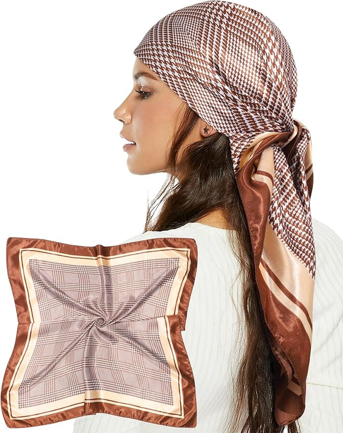AWAYTR 35” Large Floral Satin Head Scarf for Women - Boho Head Wrap Neck Scarf Like Silk Hair B... | Amazon (US)