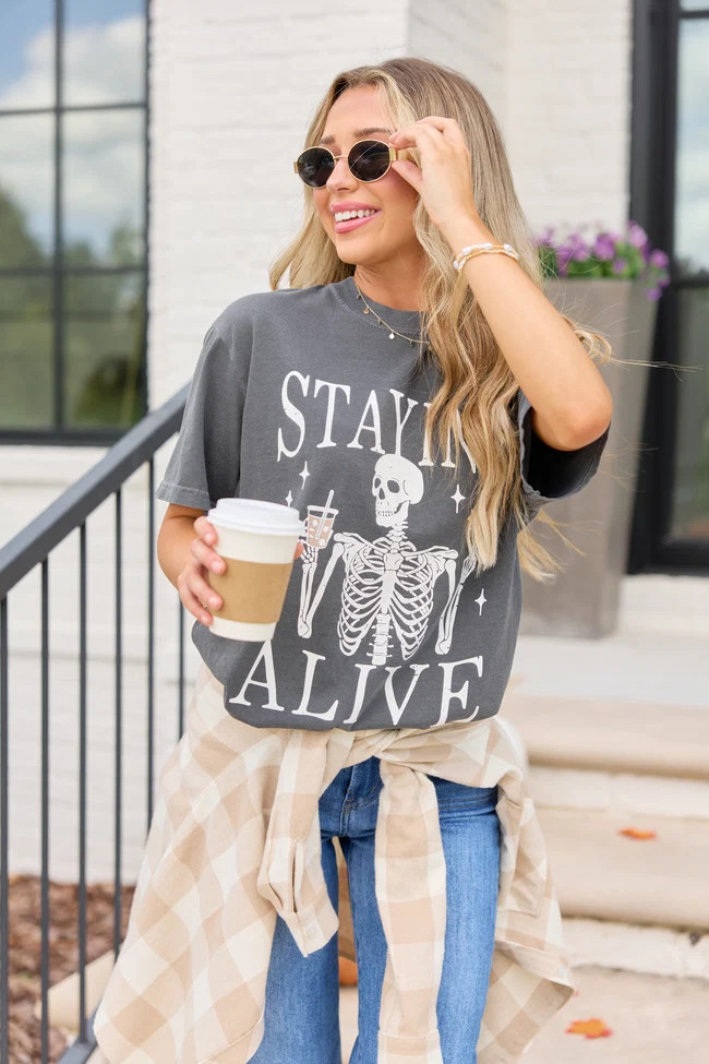 Staying Alive Dark Grey Graphic Tee | Pink Lily
