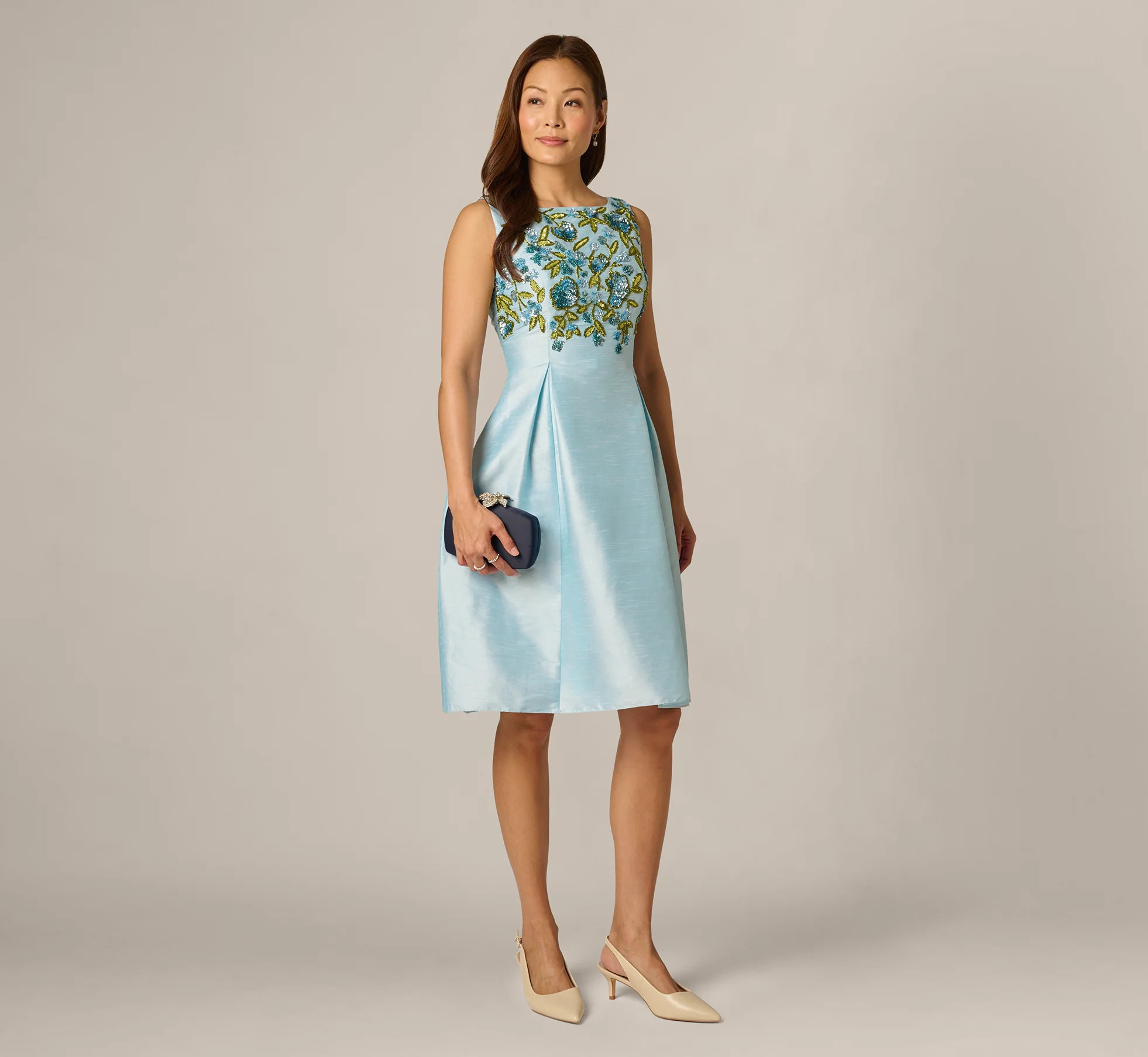 Floral Beaded Shantung Fit And Flare Dress In Sky Multi | Adrianna Papell