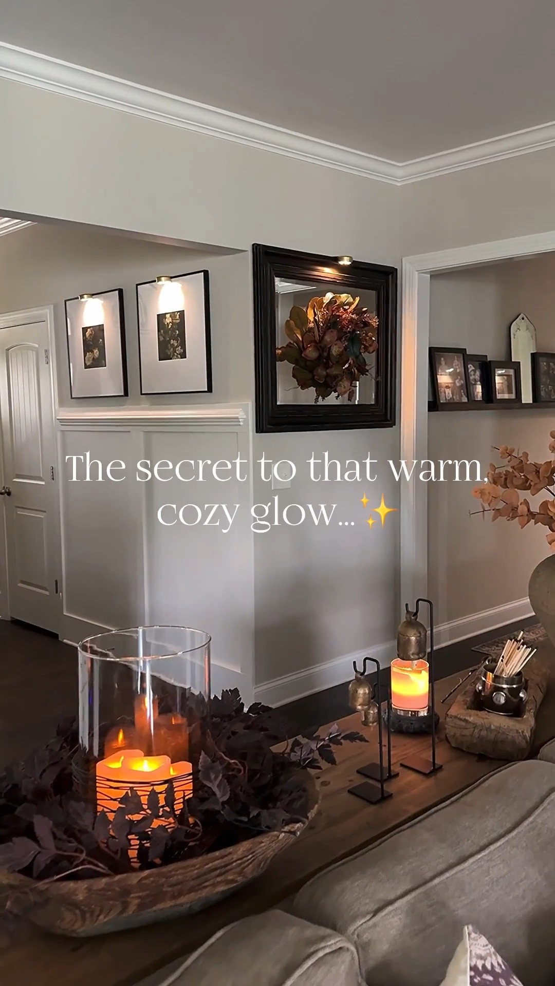 The secret to that warm cozy glow is picture lights!! These are rechargeable, magnetic, 3 color temps and are dimmable. 

Magnetic picture lights, burgundy magnolia wreath, fall wreath, console table, taupe vase, toasted eucalyptus, vintage bowl, plum garland, glass cylinder, flameless candles, brass canister, matches, bells with stands, office furniture, Mopio Blake cabinets, desk, velvet task chair, gold organizer, candle pedestal, cream vases

#LTKstorytime #LTKSeasonal #LTKHome