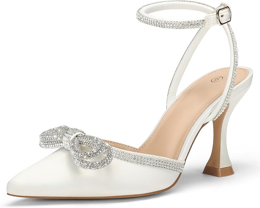 mysoft Women's Rhinestone Bow Pumps Wedding Dress Shoes Pointed Toe Ankle Strap Kitten Heels | Amazon (US)