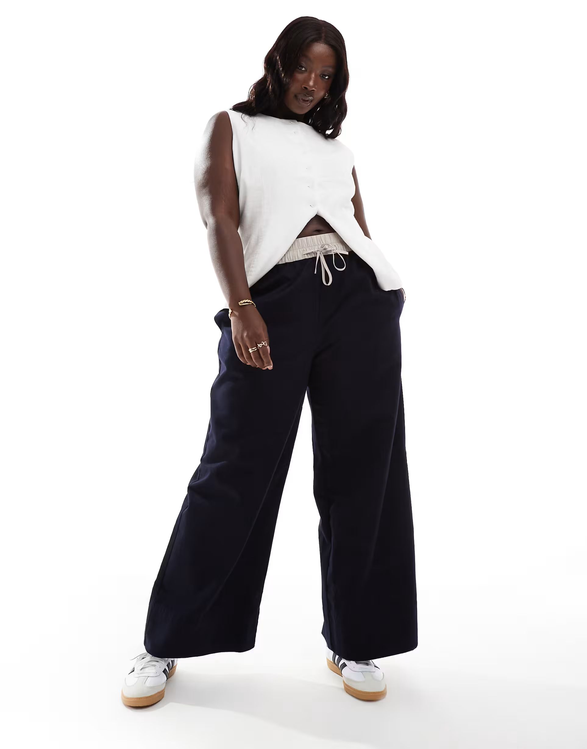 ASOS DESIGN Curve contrast waistband flannel pull on pants in navy | ASOS (Global)