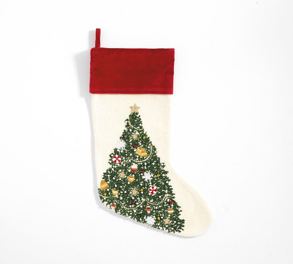 Holiday Icons Crewel Stocking, Christmas Tree, Ivory | Pottery Barn (US)