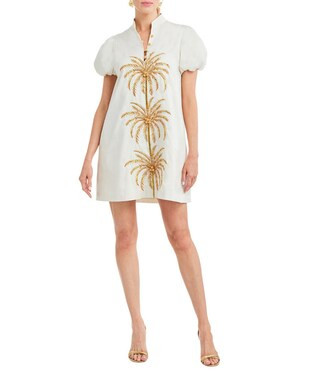 Elliana Poplin Palm Tree Embroidery Mandarian Collar Short Puff Sleeve Dress | Dillard's