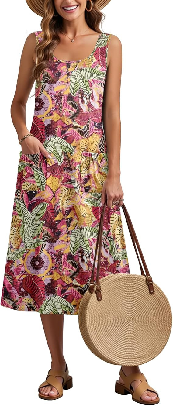 Zeagoo Dresses for Women 2026 Casual Summer Midi Sleeveless Dress A Line Crewneck Beach Vacation ... | Amazon (US)