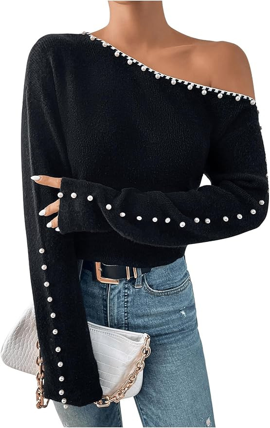 WDIRARA Women's Pearls Beaded One Cold Shoulder Sweater Long Sleeve Asymmetrical Knit Top | Amazon (US)