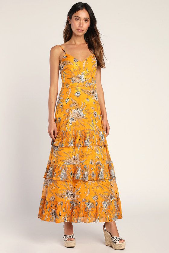 Beaming Babe Golden Yellow Floral Jacquard Tiered Maxi Dress | Lulus (US)