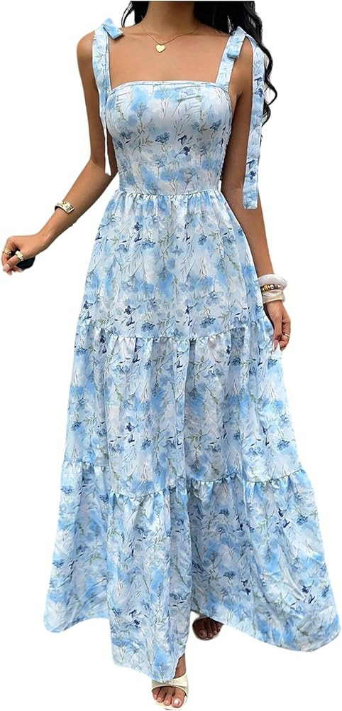 Floerns Women's Floral Tie Shoulder Maxi Dress Smocked Tiered Ruffle Flowy Vacation Dresses | Amazon (US)