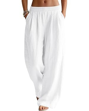 LOMON Linen Pants Women Wide Leg Palazzo Summer Flowy Pants Beach Vacation Clothes Elastic Waist ... | Amazon (US)