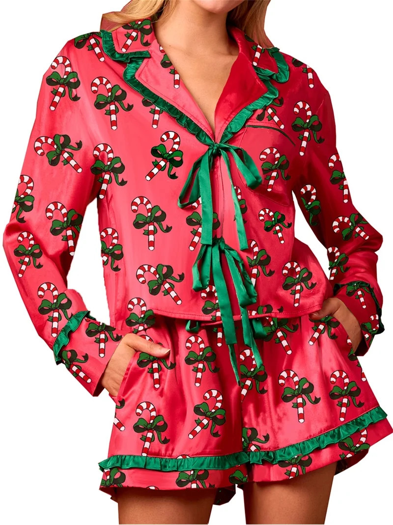 Women Christmas Pajamas Set 2 Pieces Candy Cane Print Lace-Up Shirts Tops and Shorts Y2K Sleepwea... | Walmart (US)