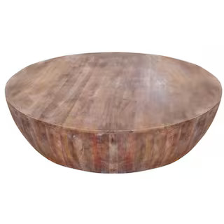 Arthur 35.5 in. Distressed Brown Round Drum Wooden Coffee Table with Plank Design Base | The Home Depot