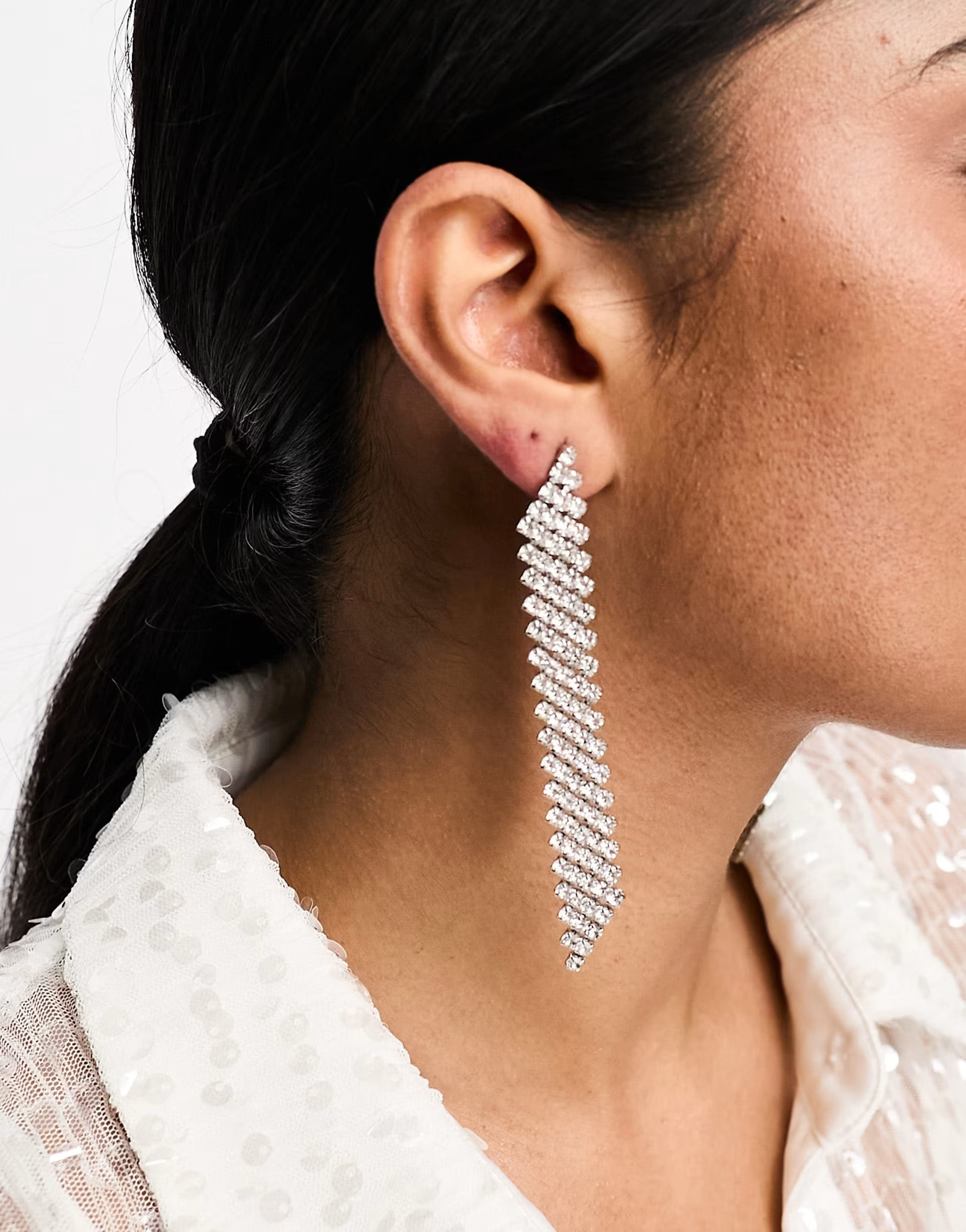True Decadence waterfall rhinestone earrings in silver | ASOS (Global)