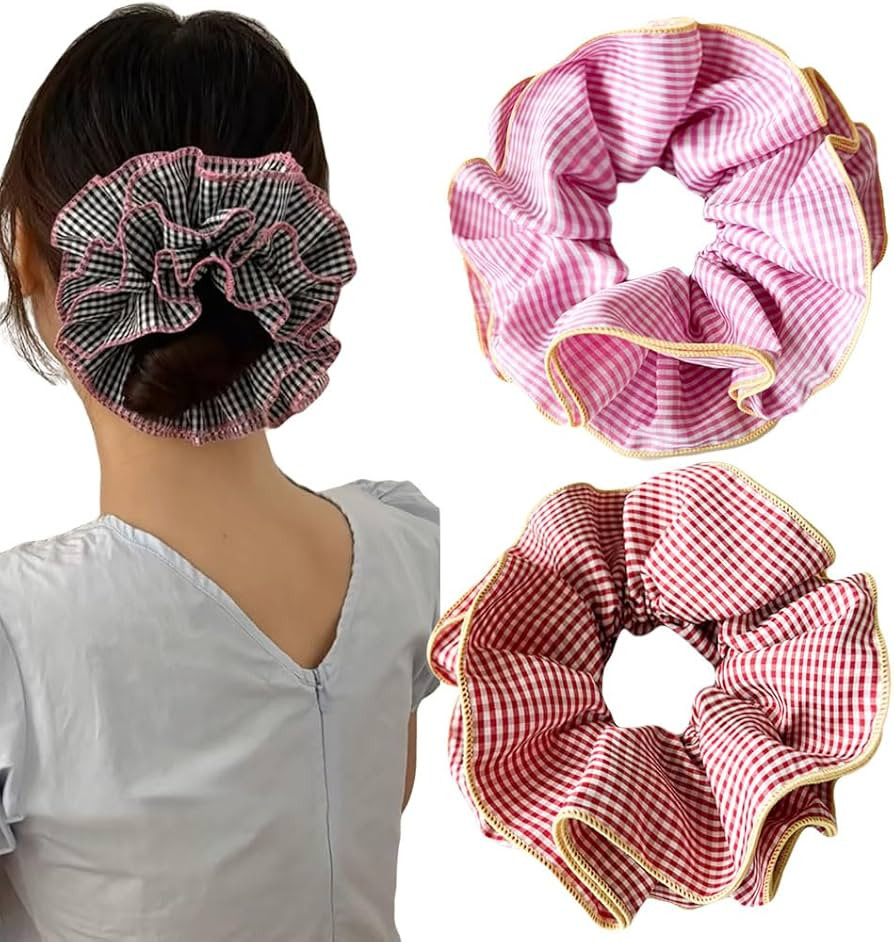 2 Pieces Large Lattice Ruffles Lace Plaid Hair Scrunchies for Women girls, oversized lace plaid h... | Amazon (US)
