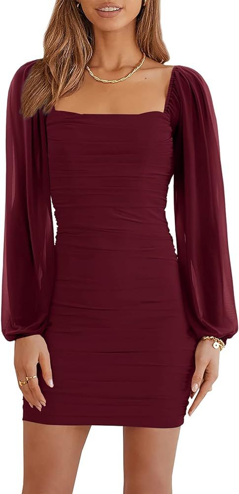 Ofenbuy Women's Mesh Long Sleeve Dress Square Neck Ruched Mini Bodycon Dress Stretch Party Cocktail  | Amazon (US)