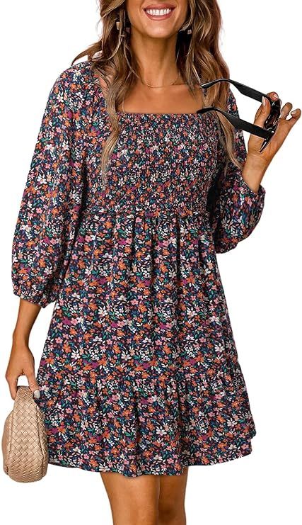 Dokotoo Womens Spring Summer Dresses Boho Floral Square Neck Smocked 3/4 Sleeve Casual A-Line Swi... | Amazon (US)