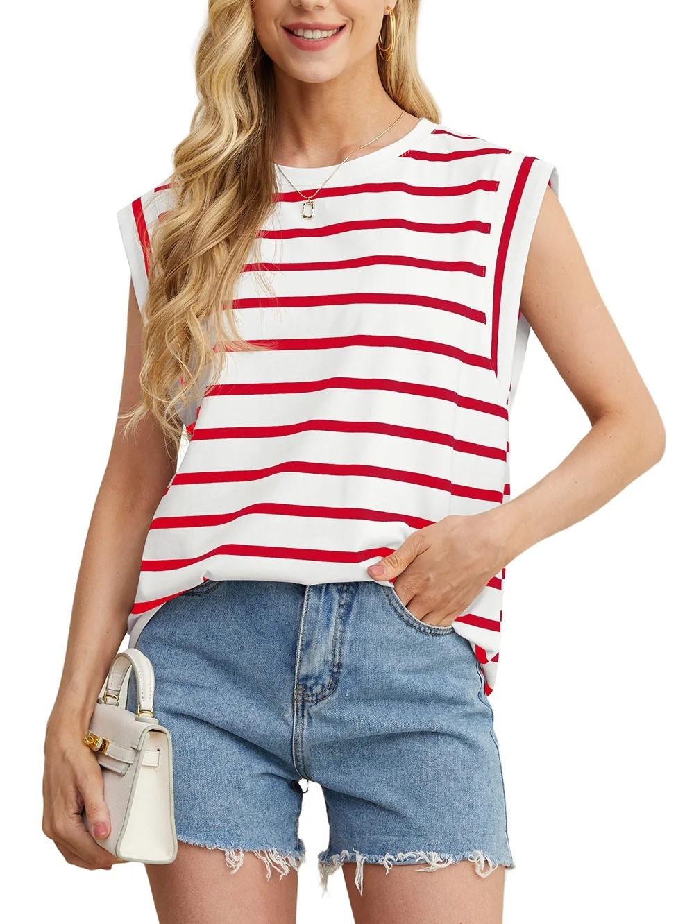 JWD Women's Blouses Cap Sleeve Summer Tops Casual Crew NecK Stripe Women's Tanks & Camis White Re... | Walmart (US)