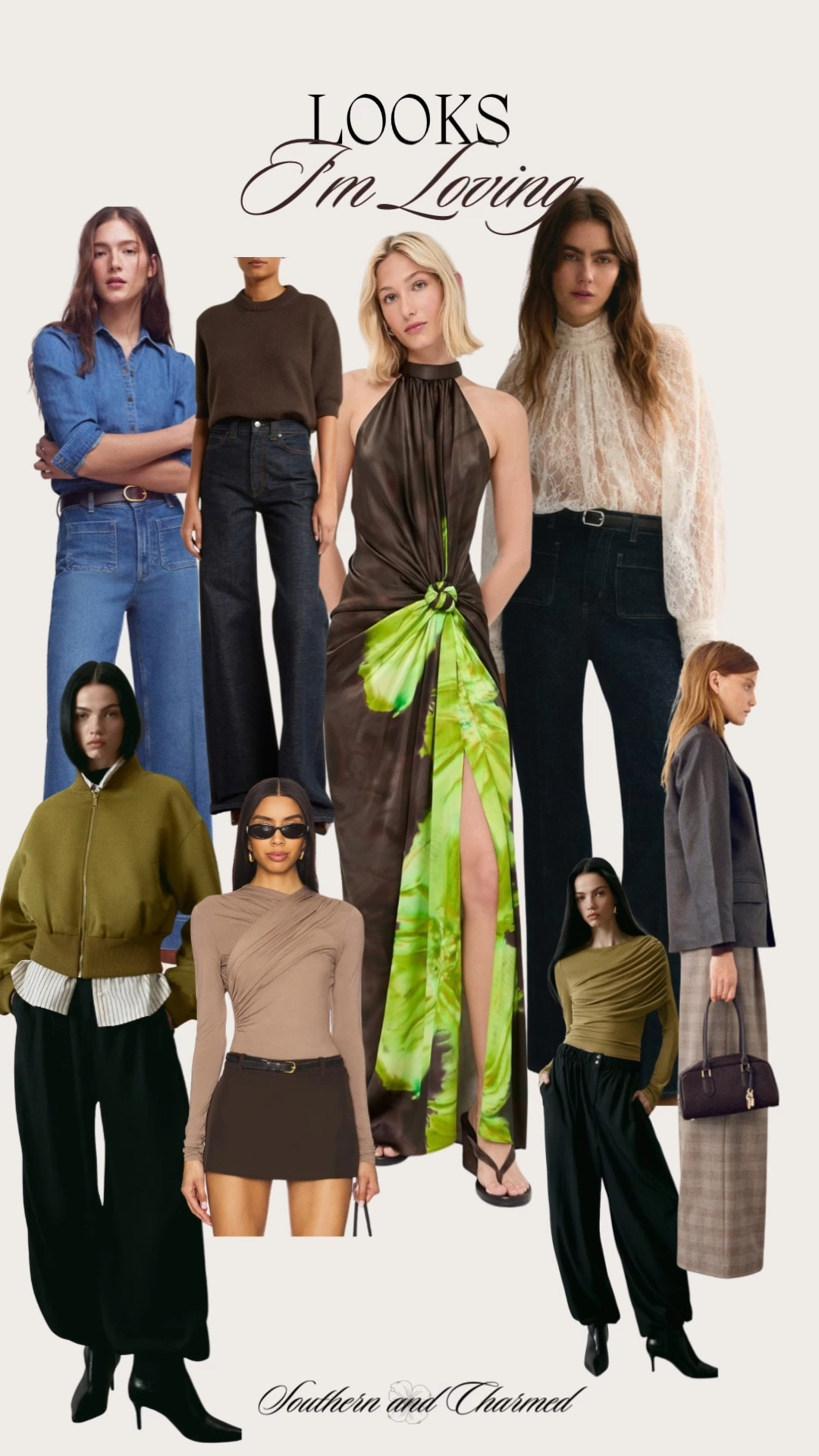 Vacation outfit. Winter outfit. Denim. Wedding guest dress. New arrivals. Cape top. Architectural top. Drapey top. Seventies style. Lace top. Lace blouse. Wide leg denim. Brown gown  