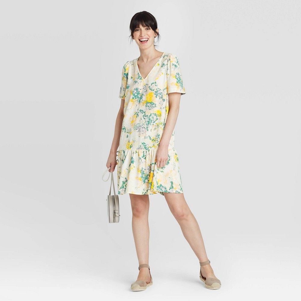 Women's Floral Print Short Sleeve Ruffle Hem Dress - A New Day Cream M, Ivory | Target