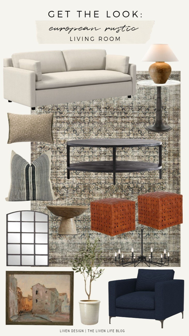 European farmhouse rustic living room. Home decor. Marble side table. Terracotta vase. Paper mache bowl. Slipcovered sofa. European art. Chandelier. Candlestick. Loloi rug. Leather ottoman. Distressed rug. Marble side table

#LTKSeasonal #LTKHome #LTKSaleAlert